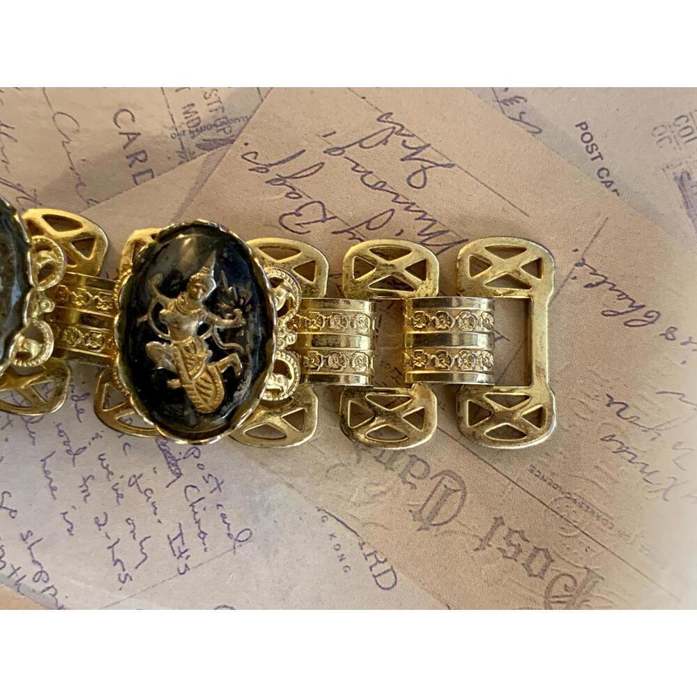 Vintage Black & Gold-Finish Thai Dancer Link Bracelet -Intaglio Cabochon Jewelry - Picture 5 of 6